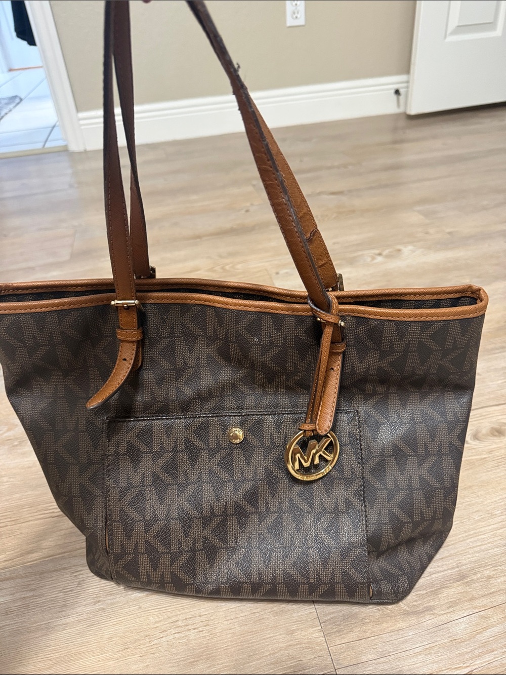 Michael Kors Brown MK Logo Canvas Tote with Tan Leather Trim